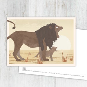 Leão de cartão, cartão de felicitações, vintage, retrô, cartão postal, ilustração, animais, crianças animais, aniversário, aniversário infantil