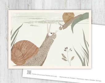 Card snails, greeting card, vintage, retro, postcard, illustration, animals, animal children, birthday, children's birthday