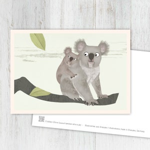 Koala's kaart, wenskaart, vintage, retro, ansichtkaart, illustratie, dieren, dierenkinderen, verjaardag, kinderverjaardag