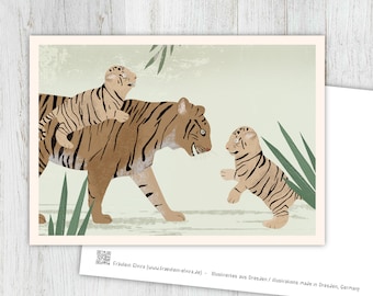 Tiger card, greeting card, vintage, retro, postcard, illustration, animals, animal children, birthday, children's birthday