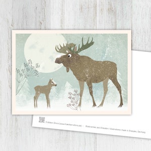 Karte Elch, Winterkarte, Weihnachtskarte Kinder, Tierkarte Weihnachten, Postkarte, Illustration, Tiere, Tierkinder,