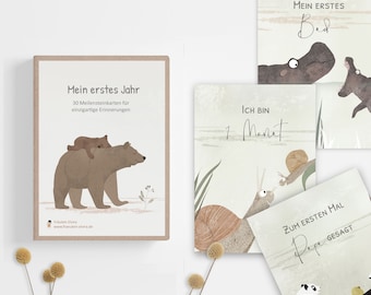 May include: A set of 30 milestone cards for a baby's first year. The cards feature illustrations of animals and the text "Mein erstes Jahr" (My first year) and "30 Meilensteinkarten für einzigartige Erinnerungen" (30 milestone cards for unique memories).