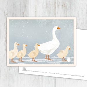 Ganzenkaart, kerstkaart, wenskaart, ansichtkaart, illustratie, dieren, dierenkinderen, verjaardag, kinderverjaardag