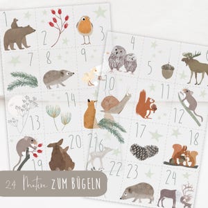 Könnte beinhalten: Ein Set mit 24 Bügelbildern für einen Adventskalender mit Waldtieren und Naturmotiven. Die Aufkleber sind von 1 bis 24 nummeriert und zeigen verschiedene Tiere wie Eulen, Eichhörnchen, Rehe und Igel. Der Text "24 Motive zum Bügeln" ist unten im Bild zu sehen.