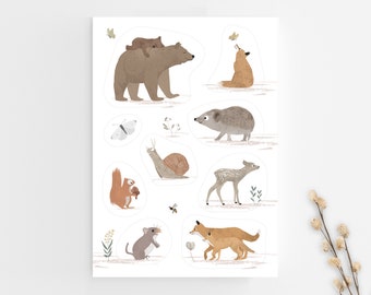 Feuille d'autocollants animaux de la forêt, DIN A5, autocollants en vinyle, autocollants