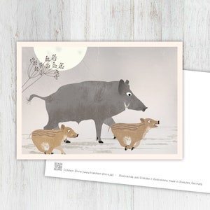 Karte Wildschweine, Grußkarte, Vintage, retro, Postkarte, Illustration, Tiere, Tierkinder, Geburtstag, Kindergeburtstag