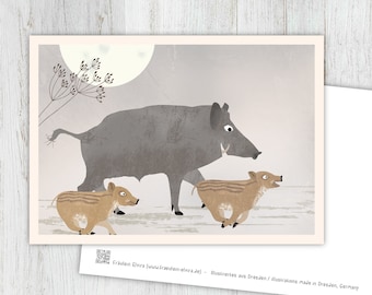 Wild boar card, greeting card, vintage, retro, postcard, illustration, animals, animal children, birthday, children's birthday