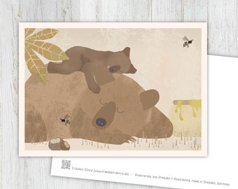 Card bear, greeting card, vintage, retro, postcard, illustration, animals, animal children, birthday, children's birthday