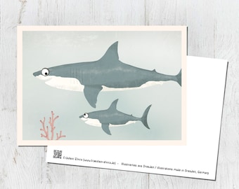 Karte Haie, Postkarte, Vintage, retro, Illustration, Tiere, Tierkinder, Geburtstag, Kindergeburtstag