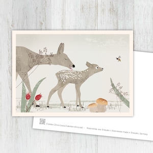 Karte Rehe, Grußkarte, Vintage, retro, Postkarte, Illustration, Tiere, Tierkinder, Geburtstag, Kindergeburtstag