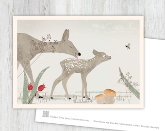 Card deer, greeting card, vintage, retro, postcard, illustration, animals, animal children, birthday, children's birthday