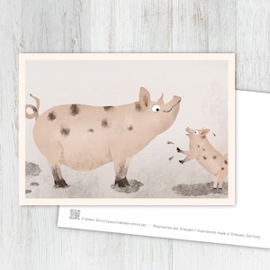 Kaart varkens, wenskaart, vintage, retro, ansichtkaart, illustratie, dieren, dierenkinderen, verjaardag, kinderverjaardag