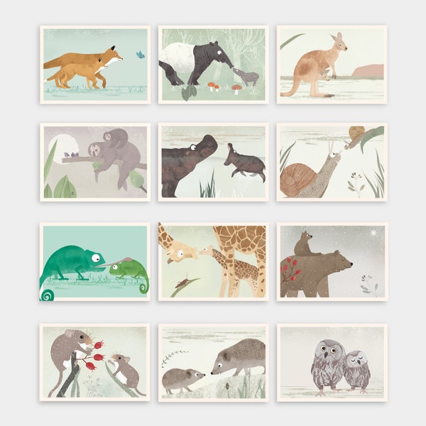Grußkarten deiner Wahl, Postkarten Set, über 40 Motive, Grußkarten Set, Illustrationen, Tierkinder, Geburtstag, Kindergeburtstag