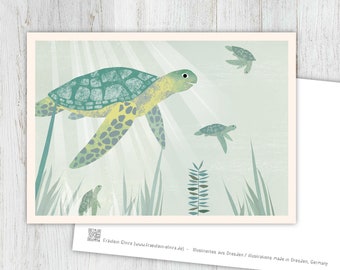 Card turtles, greeting card turtle, vintage, retro, postcard, illustration, animals, animal children, birthday, children's birthday