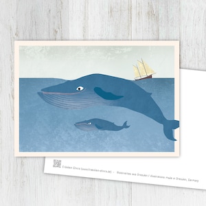 Karte Wal, Grußkarte, Blauwal, Postkarte, Illustration, Tiere, Tierkinder, Geburtstag, Kindergeburtstag