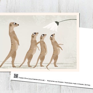 Cartão meerkat, cartão postal, vintage, retrô, ilustração, animais, crianças animais, aniversário, aniversário infantil