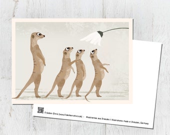 Card meerkat, postcard, vintage, retro, illustration, animals, animal children, birthday, children's birthday