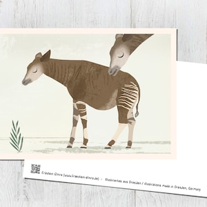 Karte Okapie, Postkarte, Vintage, retro, Illustration, Tiere, Tierkinder, Geburtstag, Kindergeburtstag