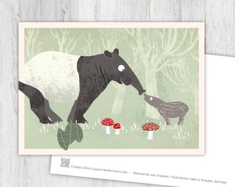 Cartão anta, cartão comemorativo, vintage, retrô, cartão postal, ilustração, animais, crianças animais, aniversário, aniversário infantil