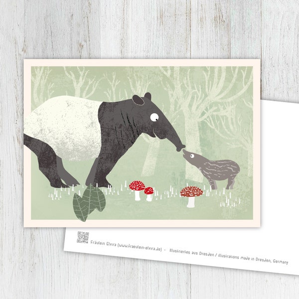 Karte Tapir, Grußkarte, Vintage, retro, Postkarte, Illustration, Tiere, Tierkinder, Geburtstag, Kindergeburtstag