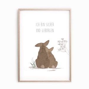 Poster Hasen "Ich bin sicher und geborgen", Tierposter, Poster Kinderzimmer, Affiramtionen Kinder, Tierposter, Poster Set