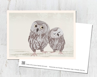 Card owls, postcard, vintage, retro, illustration, animals, animal children, birthday, children's birthday