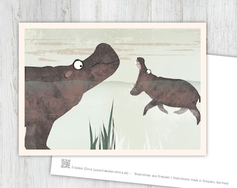 Cartão hipopótamo, cartão de felicitações, vintage, retrô, cartão postal, ilustração, animais, crianças animais, aniversário, aniversário infantil