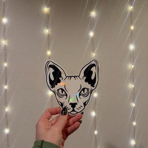 May include: A holographic sticker of a Sphynx cat's head with black eyes and a black nose. The sticker is on a white background with string lights behind it.