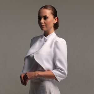 Matte satin bridal bolero jacket, Wedding coat cover up for bride, White evening jacket with three quarter sleeve image 1