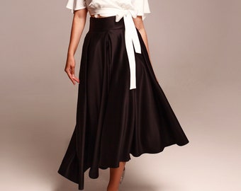 Black satin midi skirt for women, High waist skirts with pockets, Handmade wide pleated skirts