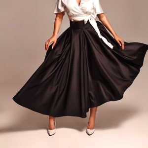 Black satin midi skirt for women, High waist skirts with pockets, Handmade wide pleated skirts image 2