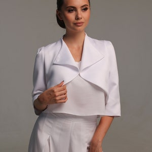 Matte satin bridal bolero jacket, Wedding coat cover up for bride, White evening jacket with three quarter sleeve image 6