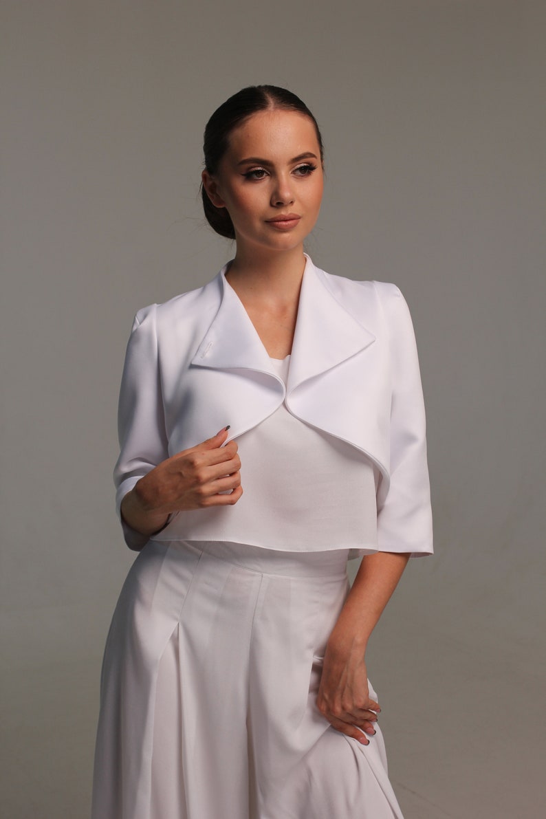 Matte satin bridal bolero jacket, Wedding coat cover up for bride, White evening jacket with three quarter sleeve image 6