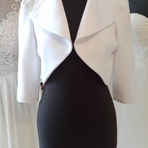 Matte satin bridal bolero jacket, Wedding coat cover up for bride, White evening jacket with three quarter sleeve image 8