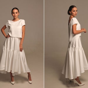 Asymmetrical milky white suit for women Open back viscose blouse with short sleeve and midi satin yoke skirt set 2 piece retro wedding dress 画像 1