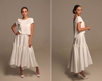 Asymmetrical milky white suit for women Open back viscose blouse with short sleeve and midi satin yoke skirt set 2 piece retro wedding dress