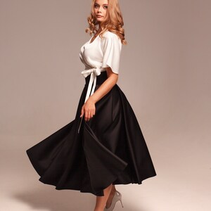 Black satin midi skirt for women, High waist skirts with pockets, Handmade wide pleated skirts image 3