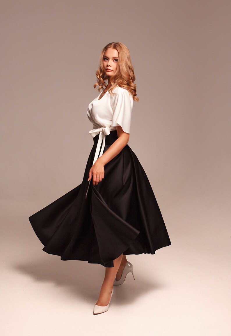 Black satin midi skirt for women, High waist skirts with pockets, Handmade wide pleated skirts image 3