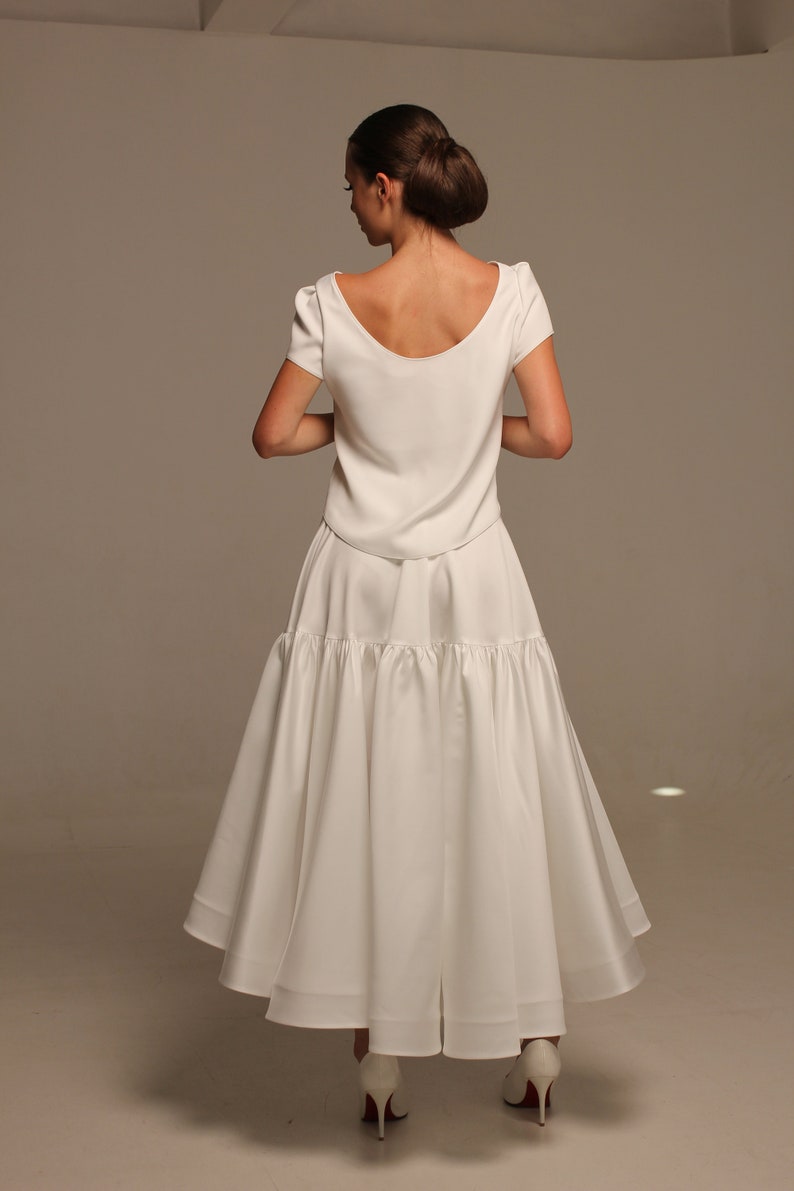Asymmetrical milky white suit for women Open back viscose blouse with short sleeve and midi satin yoke skirt set 2 piece retro wedding dress image 8