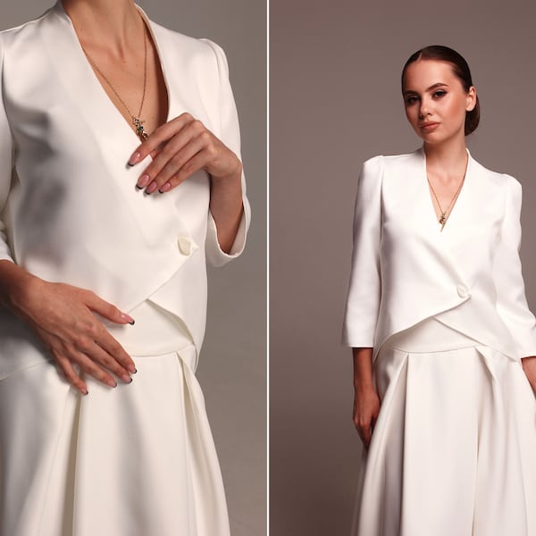 White bridal jacket suit Wrap women v jacket with three quarter sleeves and Matte satin maxi skirt with train - Personalized