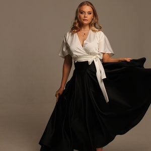 Black satin midi skirt for women, High waist skirts with pockets, Handmade wide pleated skirts image 5
