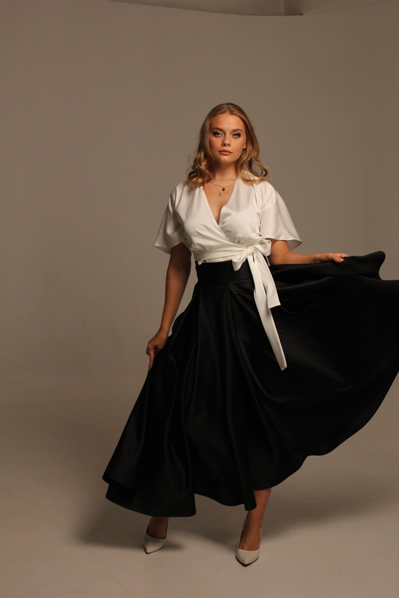 Black satin midi skirt for women, High waist skirts with pockets, Handmade wide pleated skirts image 5