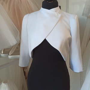 Matte satin bridal bolero jacket, Wedding coat cover up for bride, White evening jacket with three quarter sleeve image 7