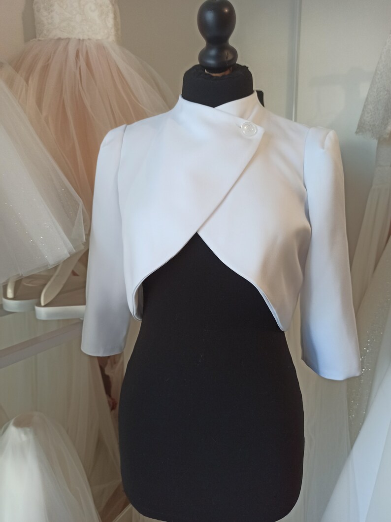 Matte satin bridal bolero jacket, Wedding coat cover up for bride, White evening jacket with three quarter sleeve image 7