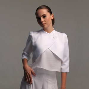 Matte satin bridal bolero jacket, Wedding coat cover up for bride, White evening jacket with three quarter sleeve image 2