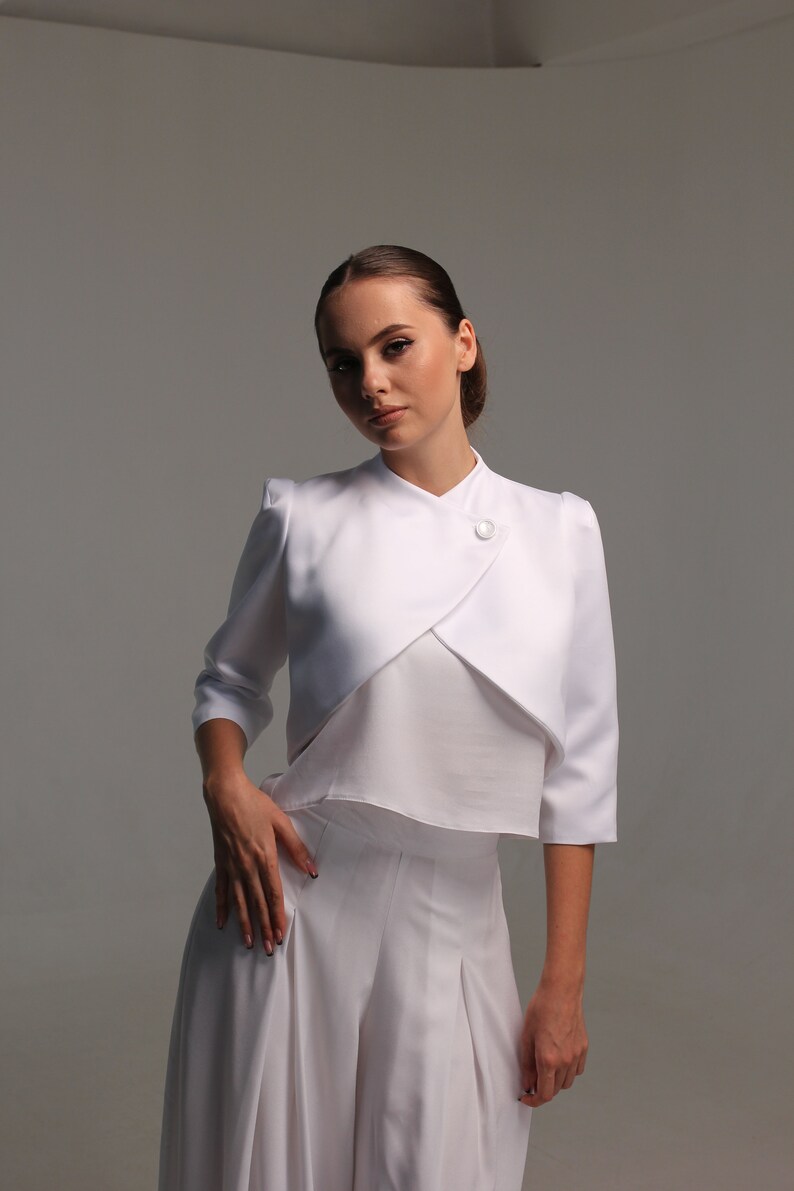 Matte satin bridal bolero jacket, Wedding coat cover up for bride, White evening jacket with three quarter sleeve image 2