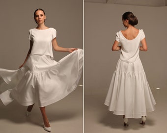 2 pieces retro wedding dress set Asymmetrical milky white suit for women Loose style blouse and midi satin skirt suit set