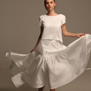 Asymmetrical milky white suit for women Open back viscose blouse with short sleeve and midi satin yoke skirt set 2 piece retro wedding dress image 6