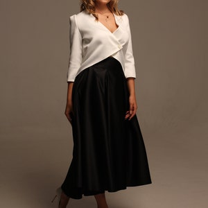 Falda midi de satén negro para mujer, Faldas de cintura alta con bolsillos, Faldas plisadas anchas hechas a mano imagen 8