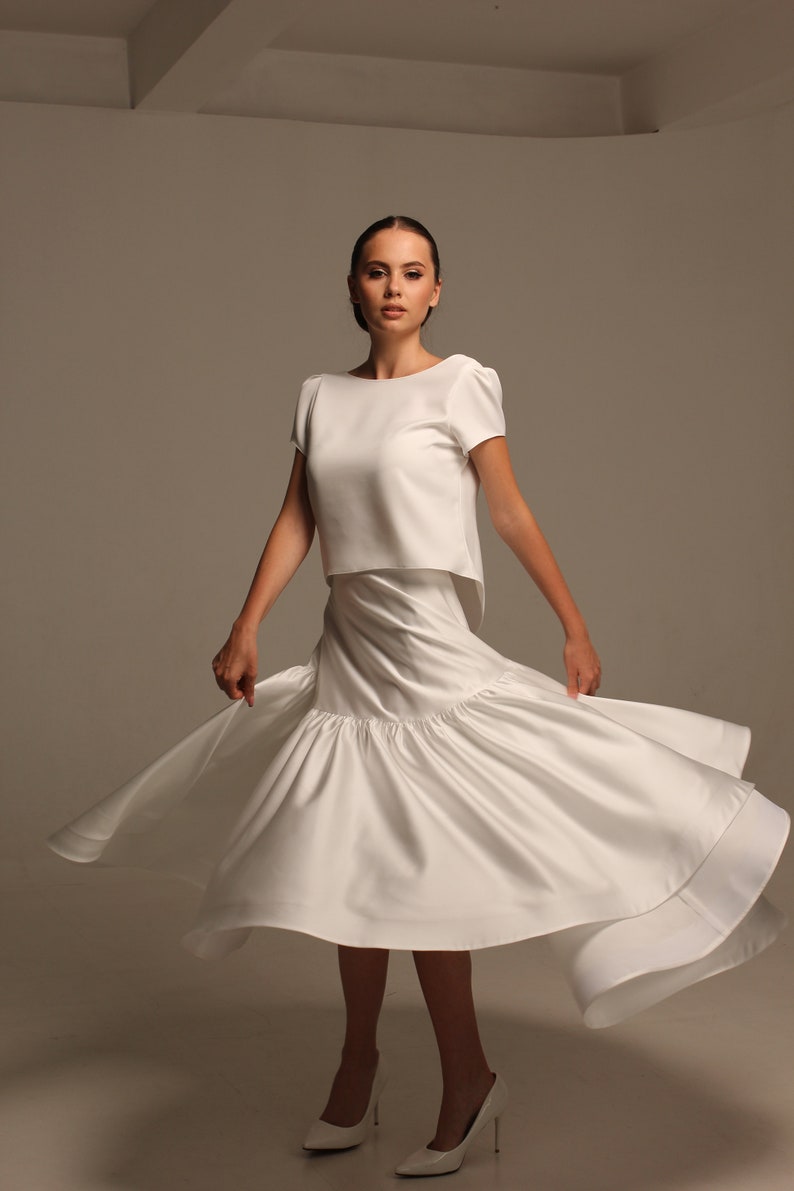 Asymmetrical milky white suit for women Open back viscose blouse with short sleeve and midi satin yoke skirt set 2 piece retro wedding dress image 5